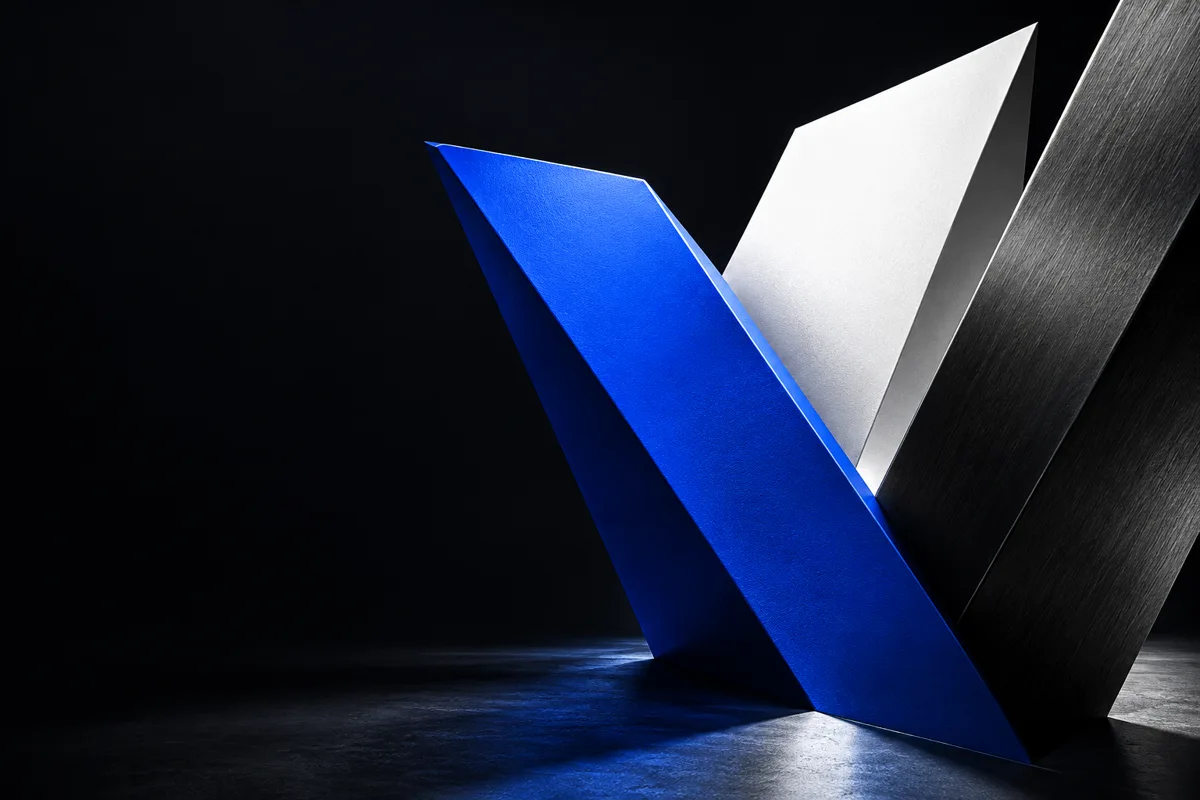 Símbolo V em três dimensões, em azul elétrico, branco e preto